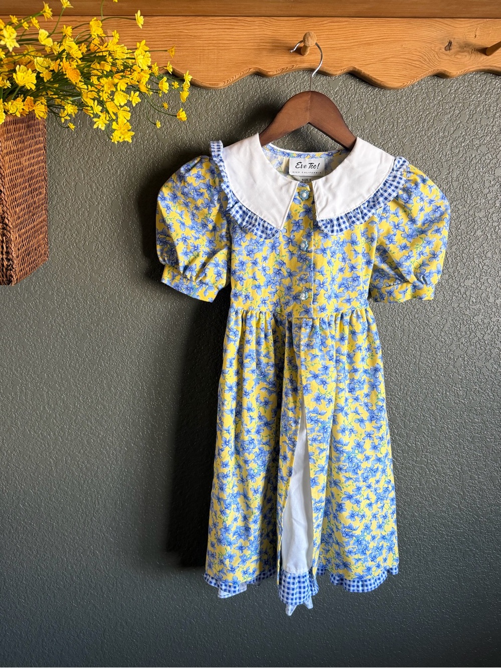 Byer California Yellow & Blue Floral Dress with White Peter Pan Collar